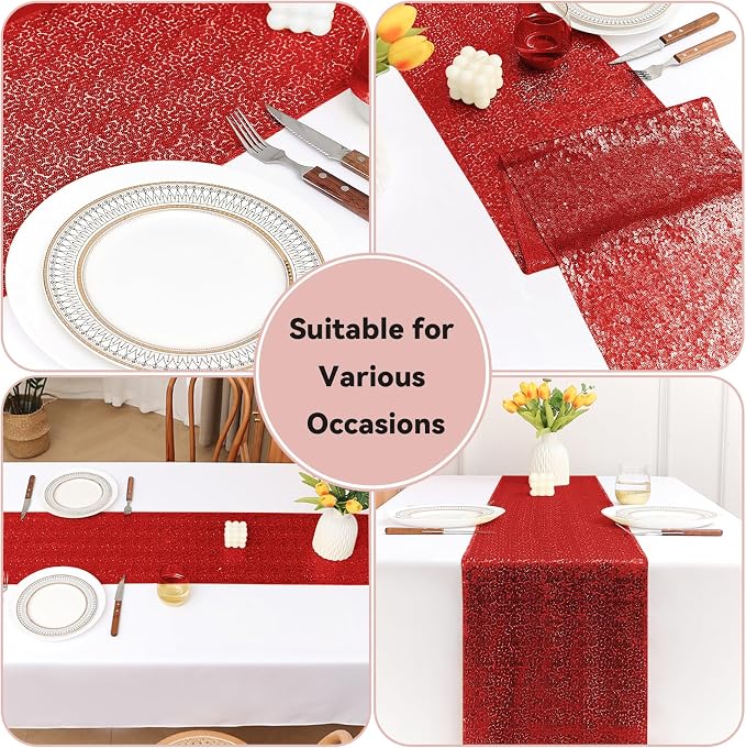 Sugargirl 10 Packs 12 x 72 inches Sequin Table Runner, Glitter Red Table Runner for Birthday Party Supplies Wedding Holiday Celebration Event Decorations