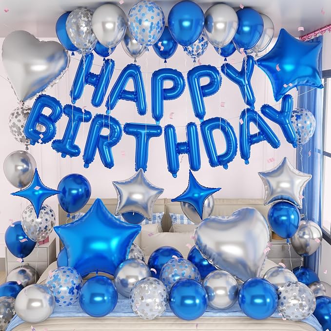 Blue Silver Birthday Decorations for Boys Dark Royal Navy Blue Metallic Silver Confetti Balloon Happy Birthday Banner 18/10 Inch Heart Foil Balloons Star Balloon for Men Bday Party Supplies