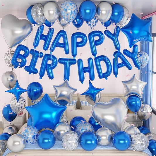 Blue Silver Birthday Decorations for Boys Dark Royal Navy Blue Metallic Silver Confetti Balloon Happy Birthday Banner 18/10 Inch Heart Foil Balloons Star Balloon for Men Bday Party Supplies