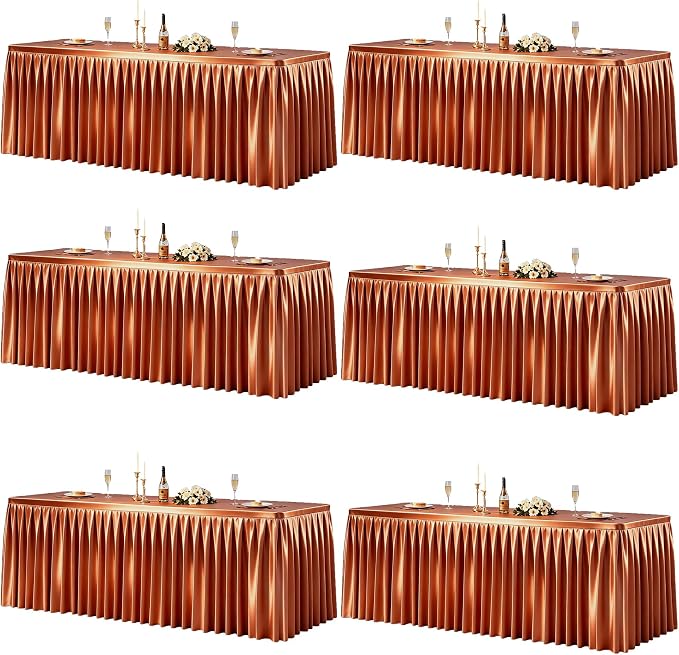6 Packs Terracotta Satin Tablecloths Rectangle 6FT, Glitter Spandex Fitted Stretch Table Covers Wrinkle-Free Floor Length Shimmer Table Skirt for Weddings Parties Baby Shower Banquets Vendor Events