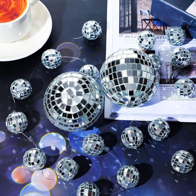 Sumind 8 Pack Disco Party Decorations Mini Disco Ball Garlands Silver Mirror Ball Hanging Banner Silver Streamer Curtains for Birthday Wedding Christmas Party Backdrop Supplies(1 Inch, 3 Inch)
