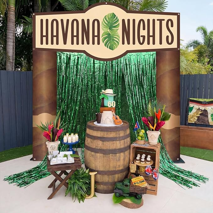 Peryiter 5 Pcs Havana Nights Party Decorations Cuban Party Decoration Arch Banners, Green Foil Fringe Curtains for Cuban Tropical Photo Booth & Entrance Backdrop Birthday Baby Shower Favors