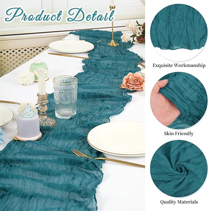 20 Pack Cheesecloth Table Runner 17 x 108 inch Long Boho Gauze Table Runners Semi Sheer Table Runner for Wedding Decor, Baby Shower, Birthday Party, Banquet (Teal)