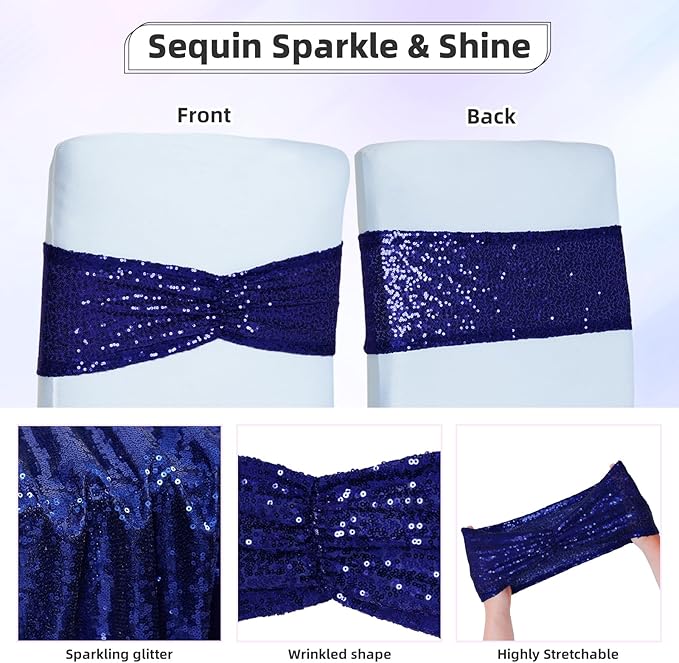 Poise3EHome Sequin Chair Sashes Navy Blue Folding Chair Covers Bow for Wedding Party Reception Decorations, 20 PCS