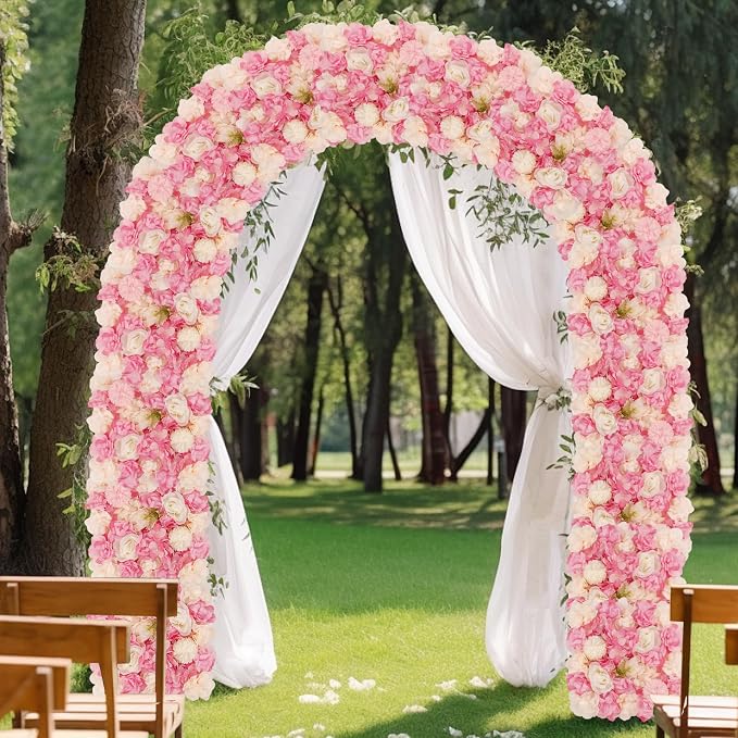 3D Flower Wall Backdrop - 12Pcs 15×15 Inch Artificial Rose Panels Pink & White Silk Floral Decor for Home Party Wedding Anniversary Birthday Photographic Studio Background & Decorative Fences