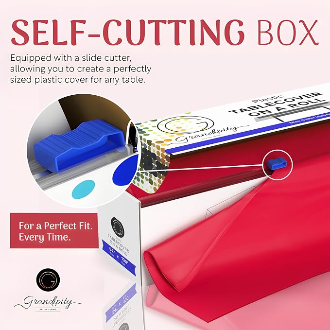 Grandipity Plastic Tablecloth Roll - 54in x 100 Ft. Red Plastic Table Cloths for Parties Disposable with Cutter Box - Cut to Size Disposable Tablecloth Table Cover for Rectangle & Round