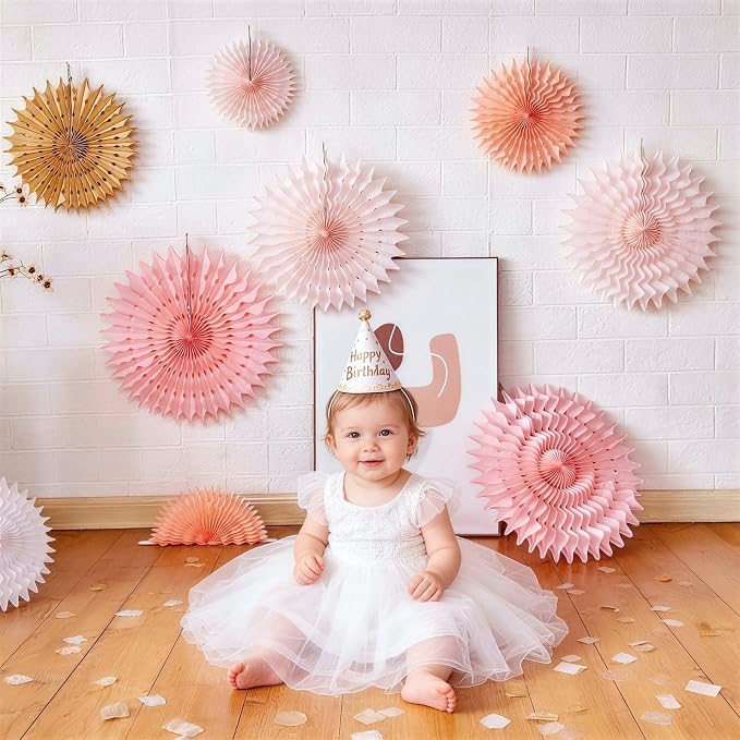SUNBEAUTY 11Pcs Soft Pink Paper Fans Party Decorations for Wall, Reusable Large Spring Summer Hanging Paper Fans for Birthday Party Bachelorette Anniversary Wedding Bulletin board Photo Booth Backdrop