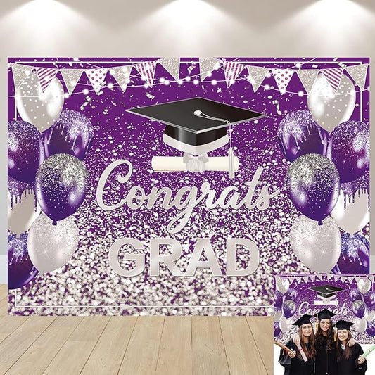 2026 Graduation Backdrop Purple Silver Congrats Grad Bachelor Cap Balloon Prom Send Off Photography Background School Celebration Class of 2026 Party Decor Banner Photo Props (Purple Silver, 10x8FT)