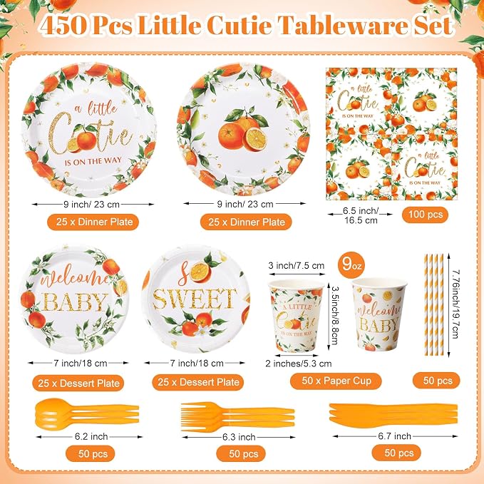 450 Pcs Little Cutie Baby Shower Tableware Set Decorations A Little Cutie is on the Way Paper Plates Disposable Napkins Cups Cutlery Straws for Orange Fruit Birthday Party Supplies, Serves 50