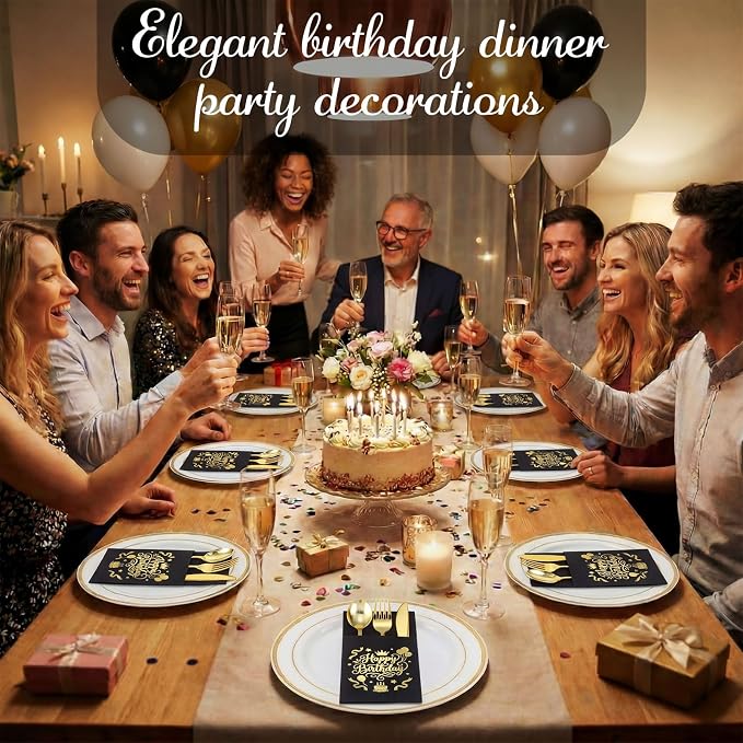 LemonRoad 50 Sets Happy Birthday Plastic Silverware Black and Gold Disposable Prefolded Cutlery Includes Forks Knives Spoons Linen Paper Napkin Tableware for 40th 50th 60th Birthday Party Decorations