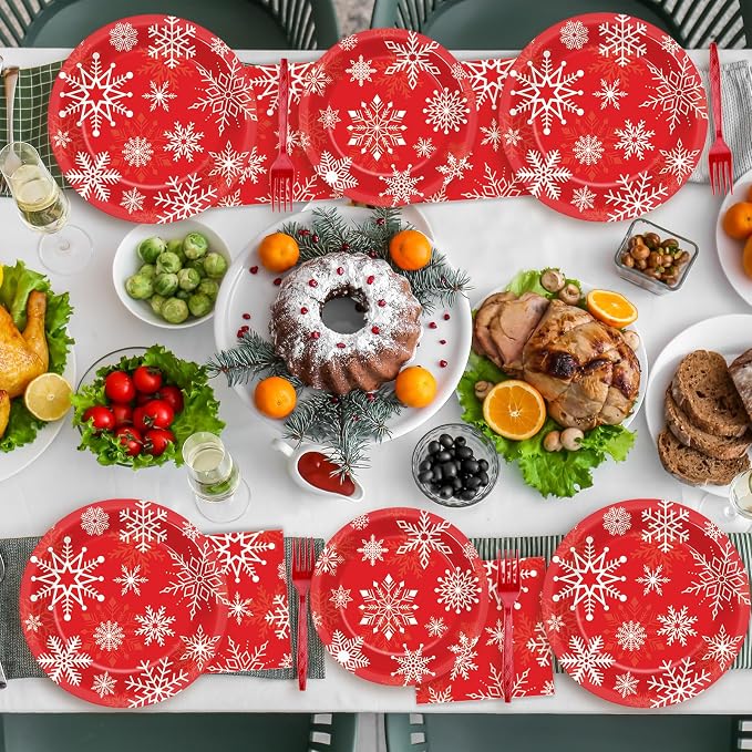 ZOIIWA 200 PCS Christmas Theme Party Tableware Disposable Merry Christmas Party Supplies Dinnerware Set Xmas napkins Snowflakes Paper Plates Bulk Christmas Dinnerware Party Decoration Serve 50 guest