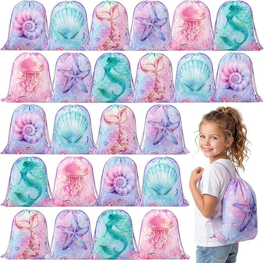 Honeydak 24 Pcs Mermaid Drawstring Backpack Bulk Large Mermaid Ocean Party Favor Bags for Girls Undersea Birthday Party Supplies