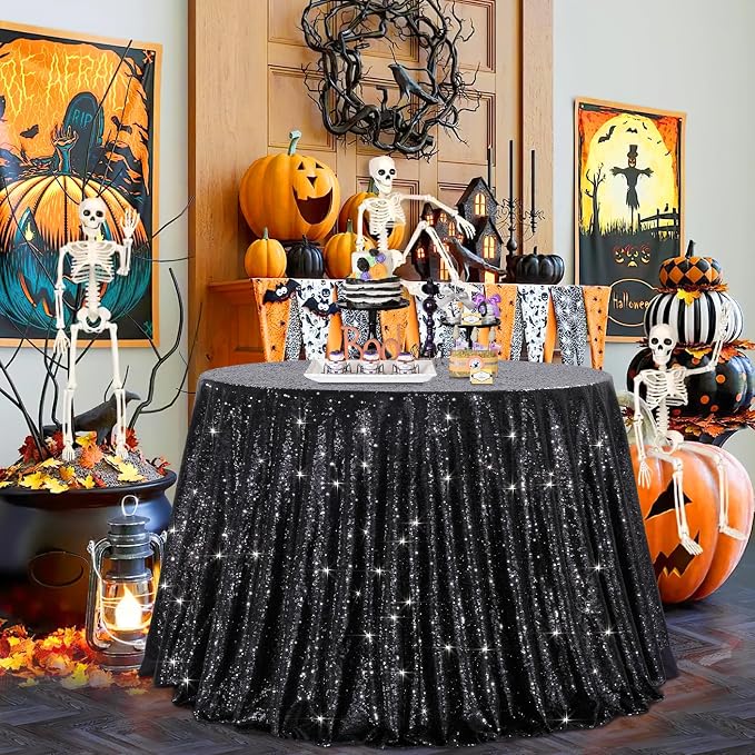 B-COOL Round Tablecloth Sequin Draping Decorations: 132 Inch Tablecloths Black Sequence Overlay Shimmer Fabric for Birthday Dinner Parties Halloween