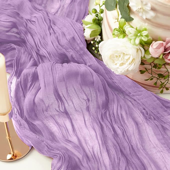 8 Pack 10Ft Table Runner 35x120 inch Purple Boho Gauze Table Cheese Cloth Long Wrinkled Sheer Table Runner for Wedding Bridal Shower Birthday Party Table Decor