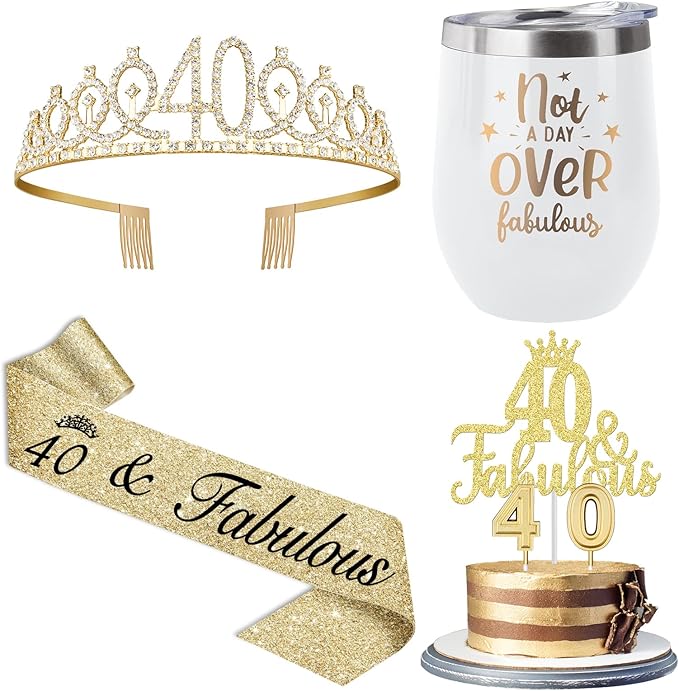 40th Birthday Gifts Women with 12oz Tumbler/Mug for Wine or Coffee, Birthday Crown, Sash, Cake Topper and Candles, 40 Year Old Decorations Gifts Idea Gold White