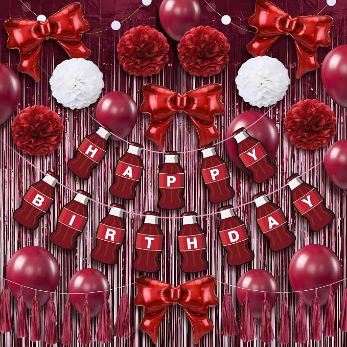 Arrowbash 33 Pcs Burgundy Maroon White Birthday Decorations Include Happy Birthday Banner, Red Tinsel Foil Backdrop, Tissue Paper Pom Poms, Dots Garland, Bow Balloons, Paper Tassels (Bottle Style)