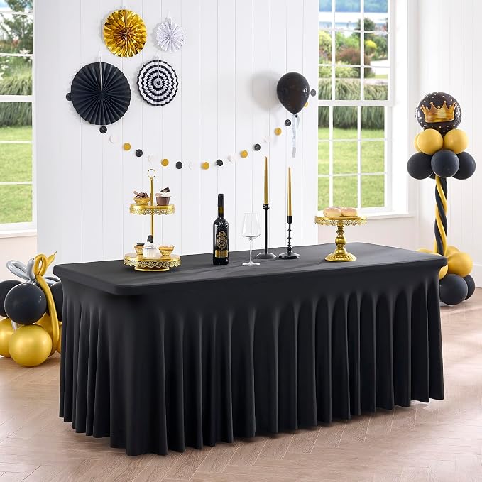 Outpain Wrinkle Free Spandex Tablecloth for 6 Foot Rectangle Tables, 8 Pack Black Fitted Table Cloths 6ft Stretchy Banquet Table Clothes Cover Desk Skirt for Birthday Wedding Parties Baby Shower