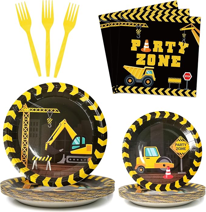 96pcs Construction Birthday Party Supplies Construction Theme Paper Plates and Napkins Construction Truck Decorations for Boys Kids Tractor Dump Digger Vehicle Themed Party Favors, Serve 24