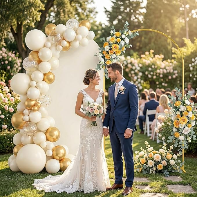 Arttown 7.2FT Gold Metal Arch Backdrop Stand and Beige Arch Cover Set Suitable for Wedding Celebrations Birthday Parties Baby Showers Graduation Ceremonies Event Decoration