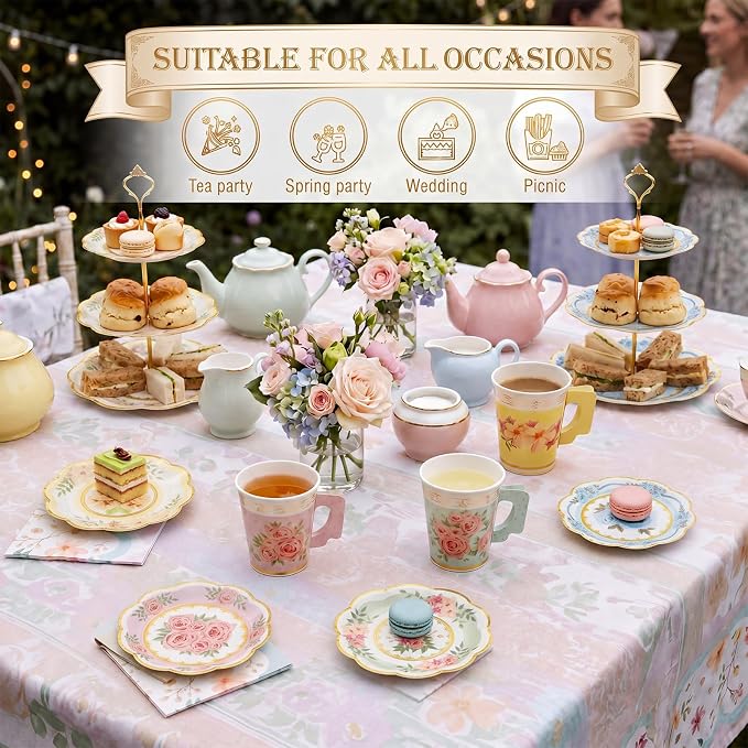 Yungyan 108 Pcs 36 Guest Tea Party Plates and Napkins Sets Floral Tea Party Supplies 6" Paper Plates, 9 oz Cups and Saucers Disposable Tableware Set for Birthday Wedding Bridal Shower Decorations