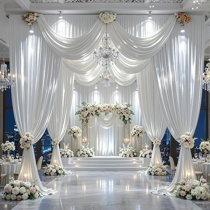 20x10ft White Glitter Backdrop Curtain for Parties, Wrinkle Free Satin Photo Backdrop Drapes 4 Panels 5x10FT Shimmer Back Drop Cloth for Wedding Birthday Baby Shower Photography Background Decor