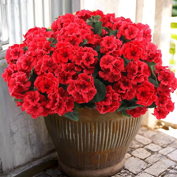 Hananona 12 Pcs Artificial Geranium Flowers for Outdoors Geranium Silk Red Flowers Outdoor UV Resistant Garden Plants Faux Flower for Christmas Home Kitchen Table Centerpieces Decor (12, Red)