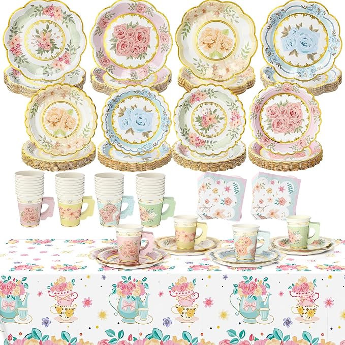 Yungyan 289 Pcs 72 Guests Tea Birthday Party Supplies Disposable Tableware Set 9 oz Paper Tea Cups with Handle 7" 9" Paper Plates Napkin Tablecloth for Floral Party Wedding Baby Shower