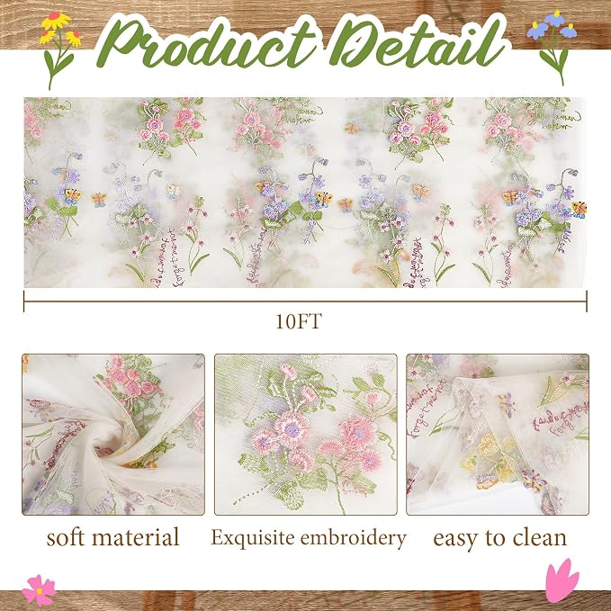 Ivory White Floral Table Runner 10ft Embroidery Tulle Spring Wildflower Table Runner Seasonal Summer Butterfly Kitchen Dining Gauze Decoration for Wedding Baby Shower Birthday Party (1 Pcs)