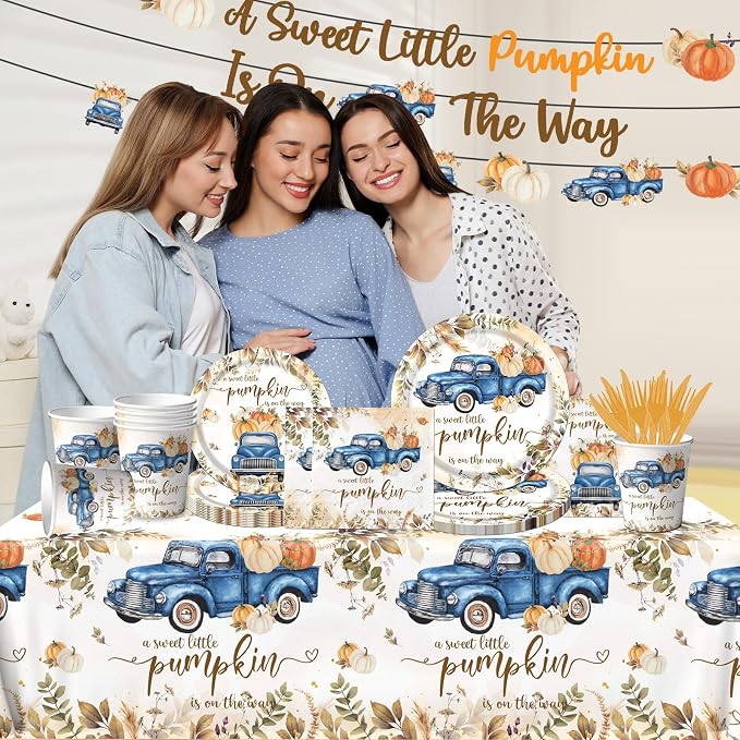Little Pumpkin Baby Shower Decorations, 142pcs A Sweet Little Pumpkin Is On The Way Banner Pumpkin Plates and Napkins Boy Blue Truck Boho Thanksgiving Fall Gender Reveal Baby Shower Party Supplies