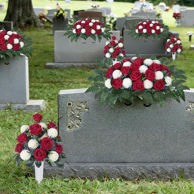 Artificial Cemetery Flower Headstone Flower Saddle 2 Chrysanthemum Rose Bouquets with Vase Memorial Flowers Grave Saddles for Headstone Outdoor Grave Tombstone Decor (Red White)