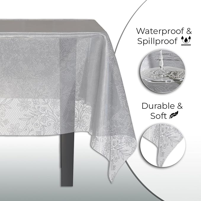 Exquisite Lace Table Cloth Rectangle Table Plastic 12-Pack Lace Tablecloth Rectangular 54" X 108" | Clear & Silver Floral Tablecloth Disposable | Wild Flower Party Decorations & Party Supplies