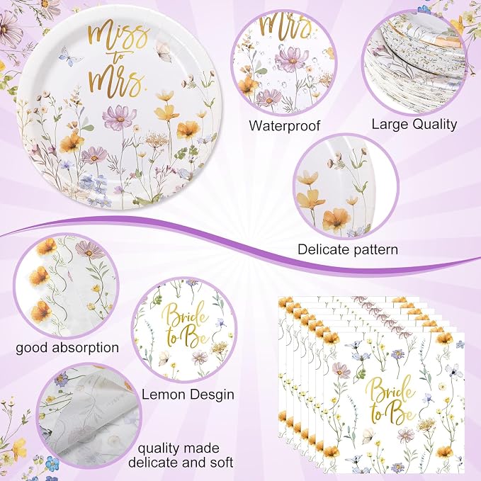 Pickmesh 250 Pcs Wildflower Bridal Shower Decorations Floral Miss to Mrs Plates and Napkins Sets Bride to Be Disposable Paper Tableware Set for Wedding, Engagement, Bachelorette Party, Serves 50