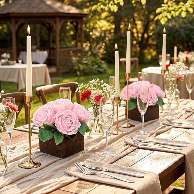 Dining Table Centerpiece Set of 6 - Pre-Made Aritifial Rose with Wooden Vase Fake Floral Arrangment Faux Flower for Wedding Bridal Tea Party Event Decorations - Pink