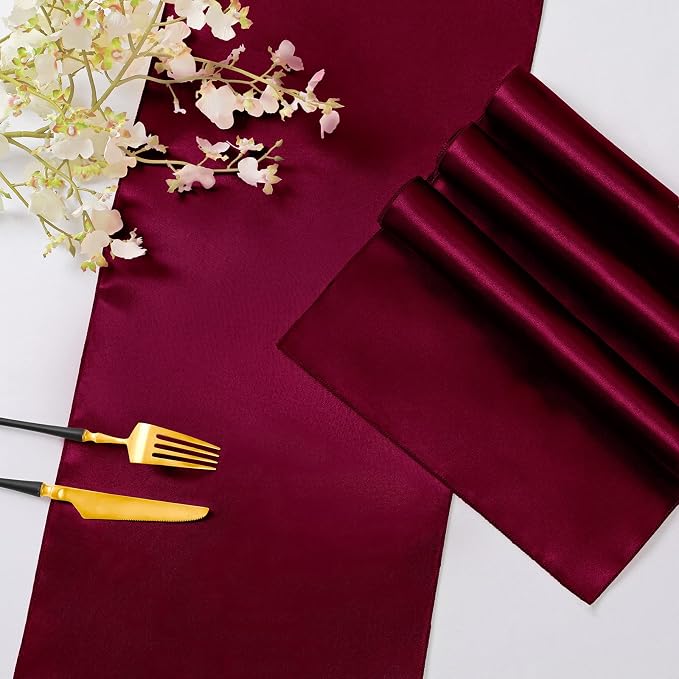Horbaunal 2 Pack Burgundy Satin Table Runner 12 x 108 Inch, Smooth Table Runners for Wedding Banquets Birthday Party