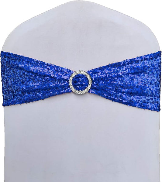 High Elastic Sequin Chair Sashes Bling Bling Chair Sashes Soft Strecth Sequin Material Shining Sequin Chair Bows for Party Decoration Home (10PCS, Royal Blue+Buckle)