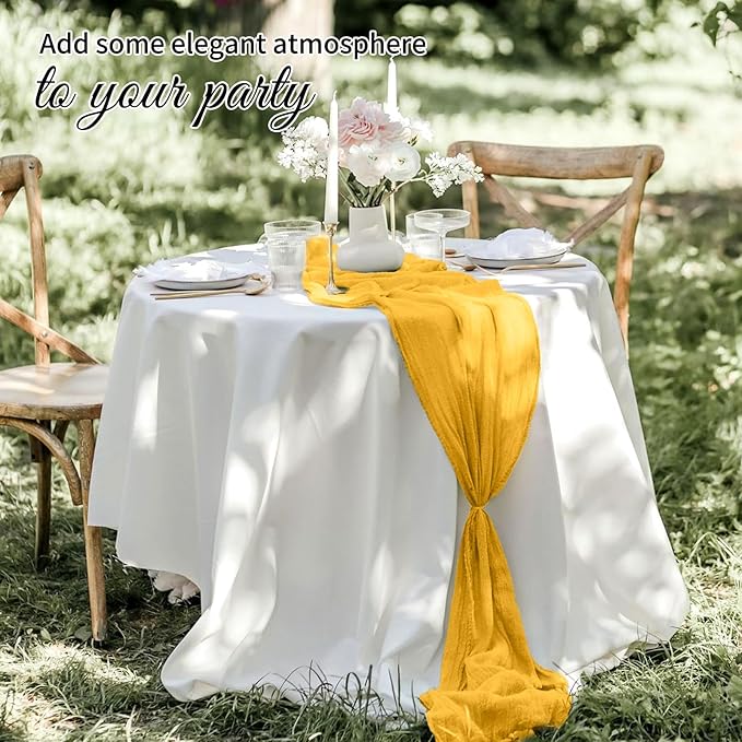 10 Pack Gold Cheesecloth Table Runner 17x108 Inch Semi Sheer Boho Gauze Cheese Cloth Table Runners, for Wedding Bridal Shower Birthday Party Home Decor Garden Farmhouse
