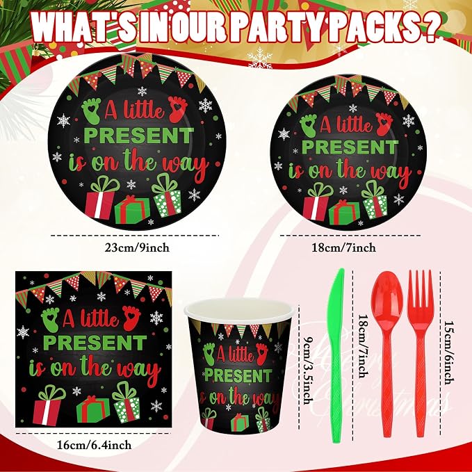168 Pcs A Little Present Is on the Way Christmas Baby Shower Party Supplies Green Red Tableware Set Disposable Paper Plates Cups Utensils for Christmas Baby Shower Birthday Party serve 24