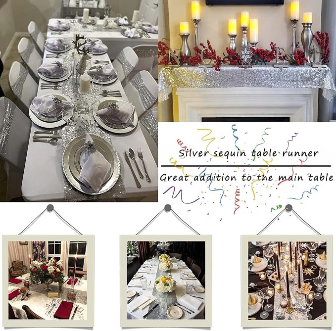 12 Pack Silver Sequin Table Runner 12x108 Inch, High Density Sparkly Glitter Table Runners for Wedding Reception, Birthday Party, Banquet, Baby Shower, Silver Metallic Shimmering Decor