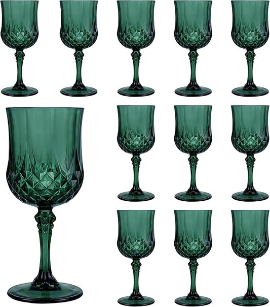 Plastic Wine Glasses, Plastic Goblets Vintage Style Cordial Unbreakable Drinking Glasses, Reusable Drinkware for Wedding Reception, Grand Event Party Supplies (12, Green)