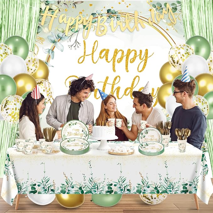 Sage Green Birthday Decorations 118PCS Olive Green Happy Birthday Banner Backdrop Balloons Garland Arch Kit Tablecloth Greenery Gold Plates and Napkins Party Supplies for Women Girls Baby Shower Decor