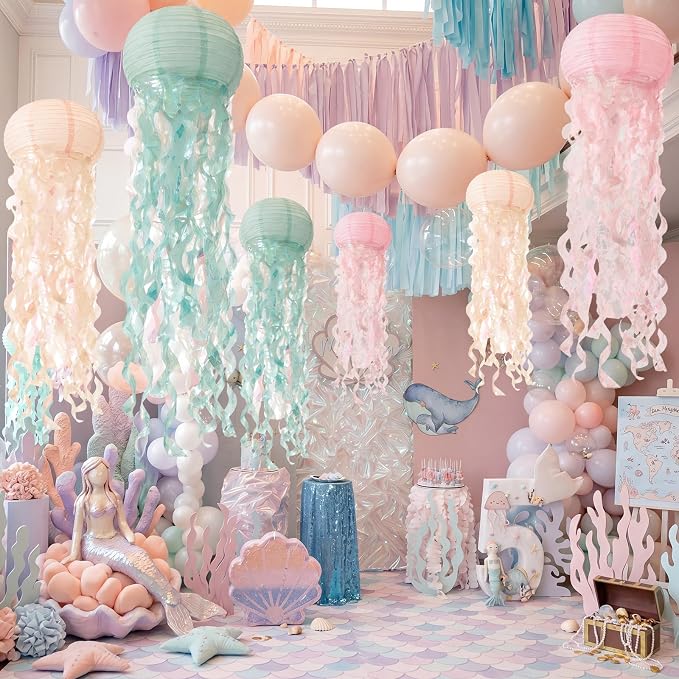 Junkin Mermaid Party Decorations Large Hanging Jellyfish Paper Lanterns 32'' Jellyfish Ornaments with Hooks Rope for Under The Sea Birthday Baby Shower Ocean Party Classroom Beach Room Decor