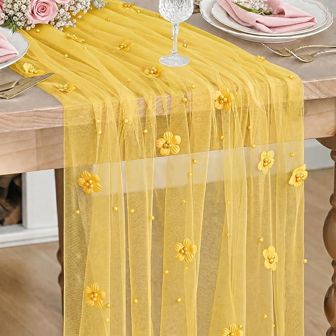 Artoid Mode Yellow Flower Pearl Yellow Gauze Table Runner 10FT, Seasonal Sheer Dining Holiday Wedding Birthday Baby Shower Table Decor for Home Party