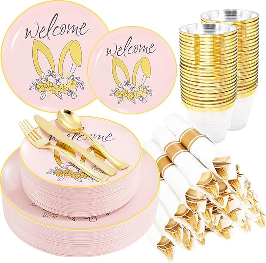 DaYammi 210Pcs Easter Plastic Plates,Pink Gold Party Plates with Bunny Egg Design Include 30 Dinner Plates,30 Dessert Plates,30 Pre Rolled Napkins with Gold Silverware,30 Plastic Cups for Easter Party
