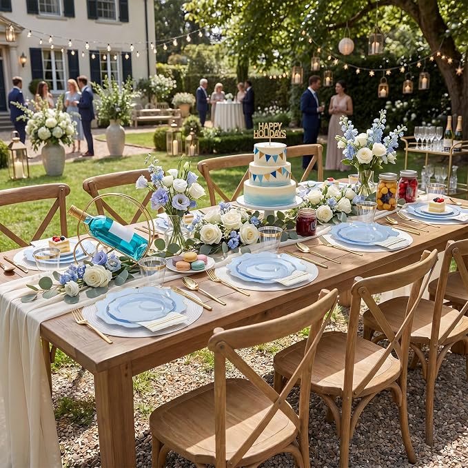 WDF 175Pcs Blue Plastic Plates - Heavy Duty Baby Blue Plates Disposable - 25Guests Plastic Dinnerware Ideal for Parties/Wedding/Baby Shower/Spring/First Communion/Father‘s Day