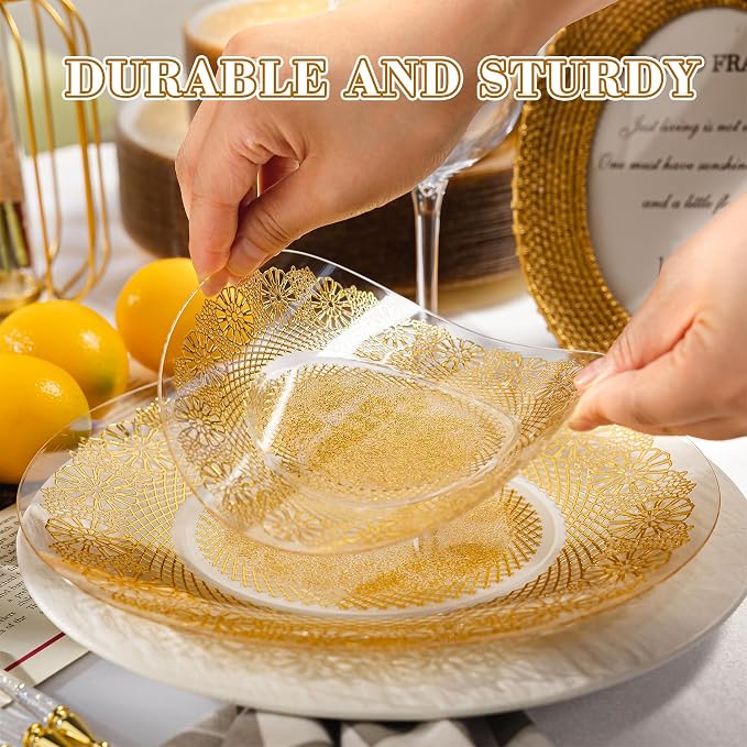 HOMIP 120PCS Clear Gold Plastic Plates with Gold Lace Design, Disposable Retro Plates Include 60PCS 10" Dinner Plate & 60PCS 7" Dessert Plate Perfect for Party Wedding and Holiday