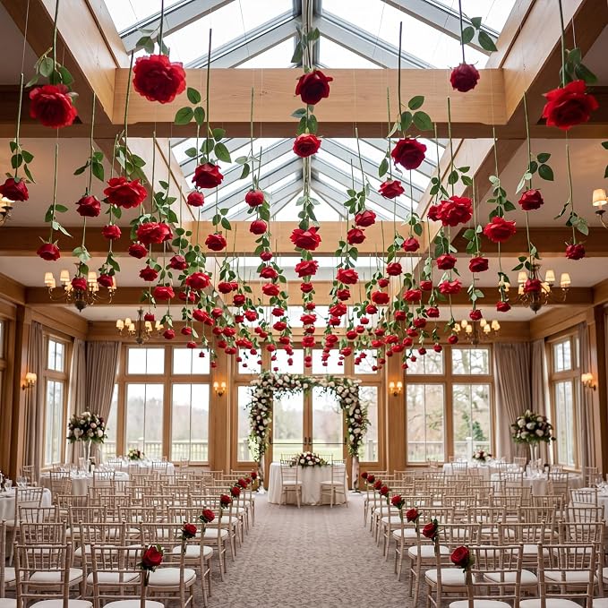 Lyrow 60 Pack Red Roses Artificial Flowers Bulk Hanging Floating Garland Fake Red Rose Vine for Ceiling Decoration Wedding Anniversary Bridal Bouquet DIY Floral Arrangement Proposal Romantic Decor