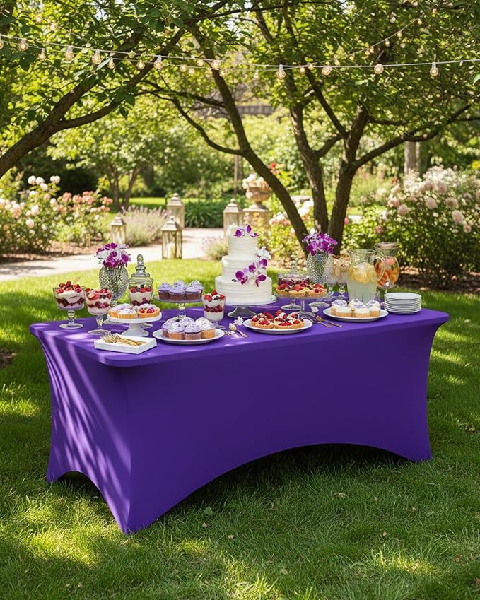 Fixwal Purple Tablecloths for 8 Foot Rectangle Tables, 2 Pack Spandex Stretch Fitted Table Covers for Party, Trade Show, Banquet, Wedding, Buffet