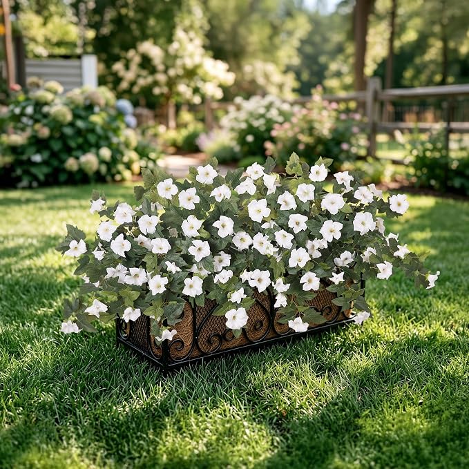 Ammyoo 2PCS Artificial Petunias Flowers Fake Plants for Outdoor Decoration | UV Resistant Faux Silk Flower No Fade for Outside Home Garden Balcony Yard Porch Window Box Realistic Indoor Decor(White)