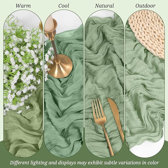 10 Pack Cheesecloth Table Runner Sage Green, Rustic Boho Gauze Fabric Table Runner Romantic Table Runner for Wedding, Festival, Birthday, Anniversary, Dinner and Outdoor Events (17.7 x 108 inch)