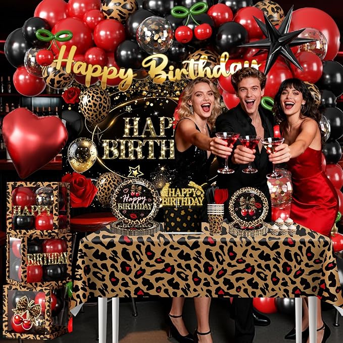 Cocomigo 261pcs Cheetah Print Birthday Decorations, One-stop Set for 25 People, Includes 350gsm Plates Pre‑threaded Banner Backdrop and Tablecloths, Cheetah and Cherry Birthday Decorations for Female